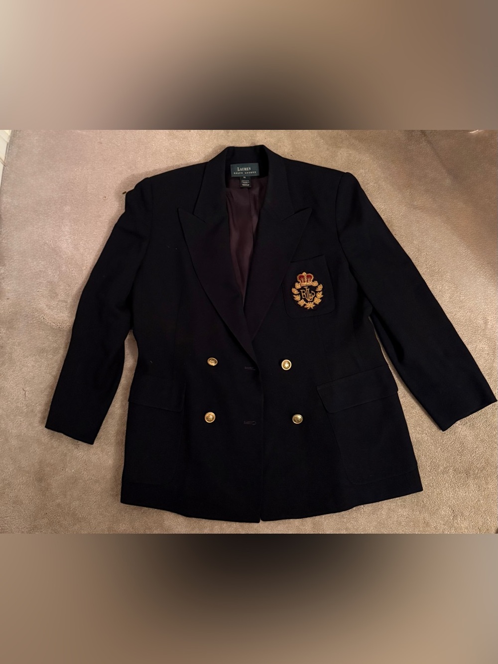 Ralph Lauren Navy Double-Breasted Crest Blazer with Gold Buttons